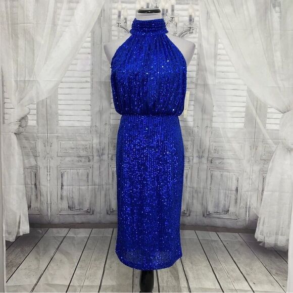 Eliza J Size 8 Blue Halter High Neck Sleeveless Sequin Blouson Dress Cocktail - Picture 2 of 6